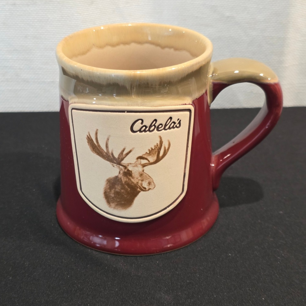 Cabelas Moose Relief Stoneware Coffee Mug Burgundy Red Tan 20oz Lodge 2018 - Picture 7 of 10